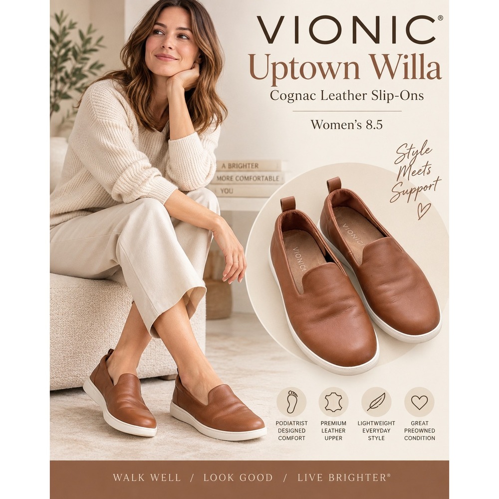 Vionic Uptown Willa Cognac Leather Slip On Loafers Flats Women's 8.5